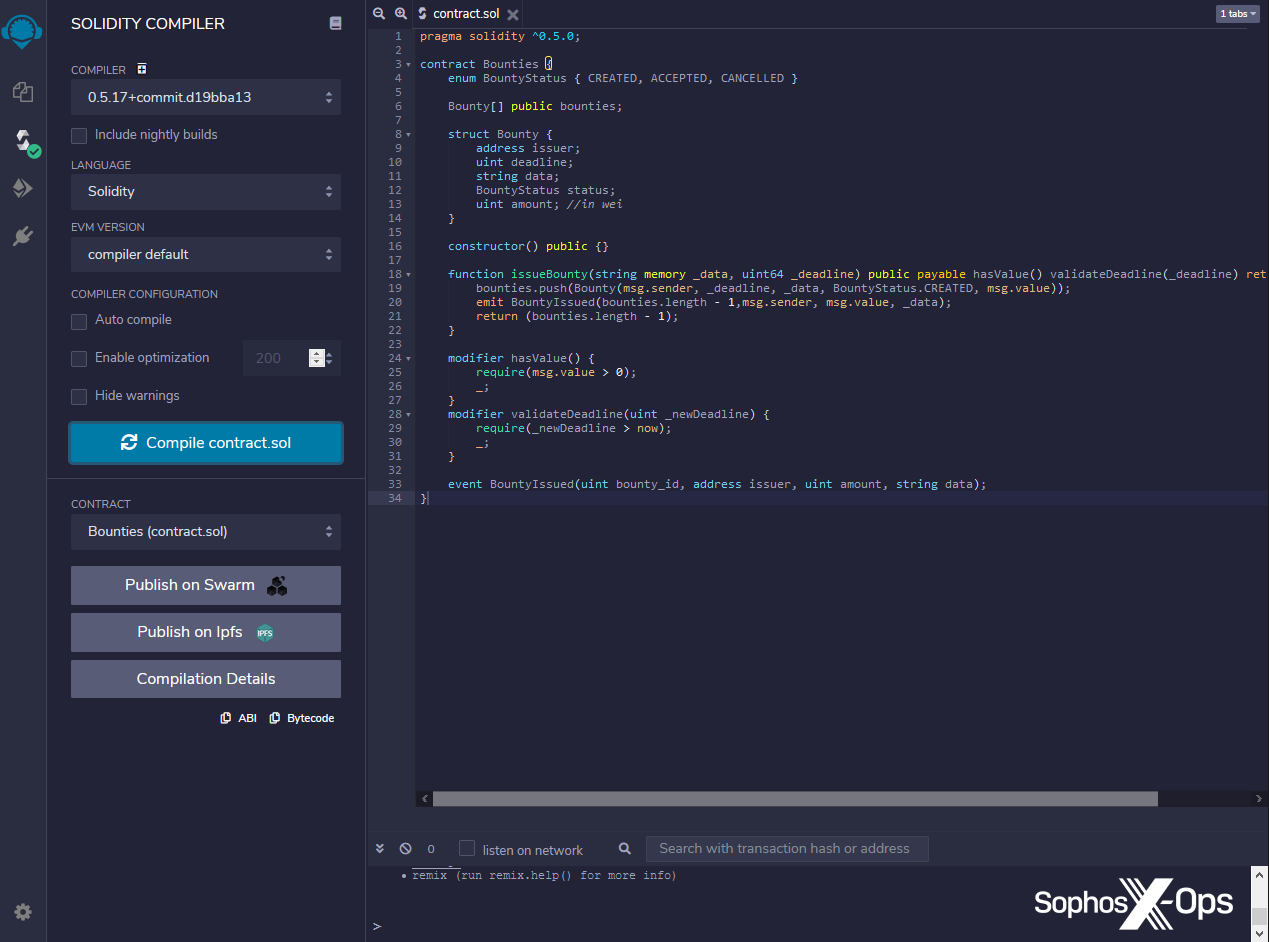 A screenshot of the Solidity compiler