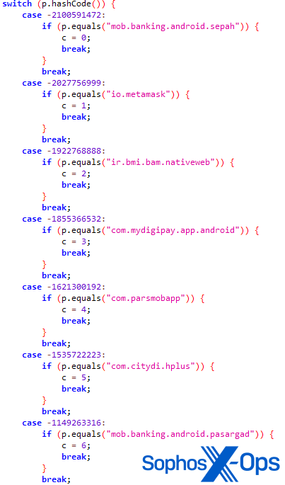 A screenshot showing code from one of the malicious apps