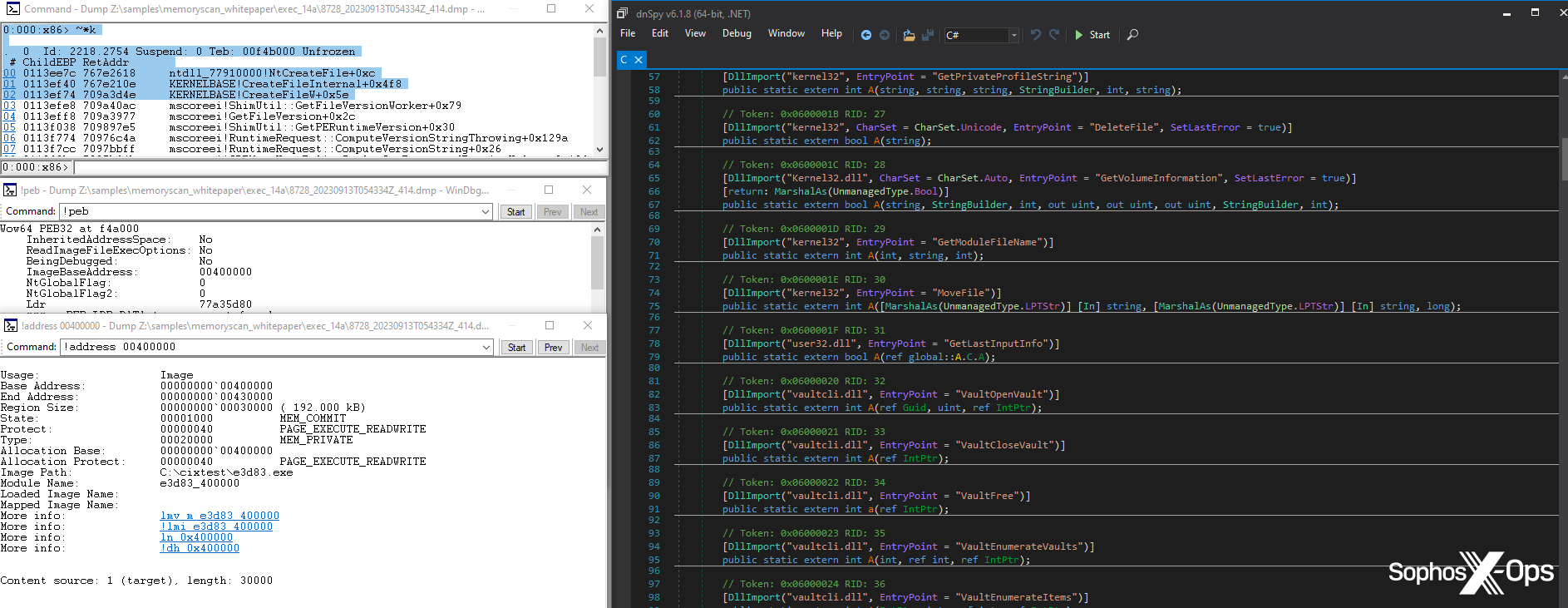 A screenshot of computer code, with a memory dump on the left and dnSpy output on the right