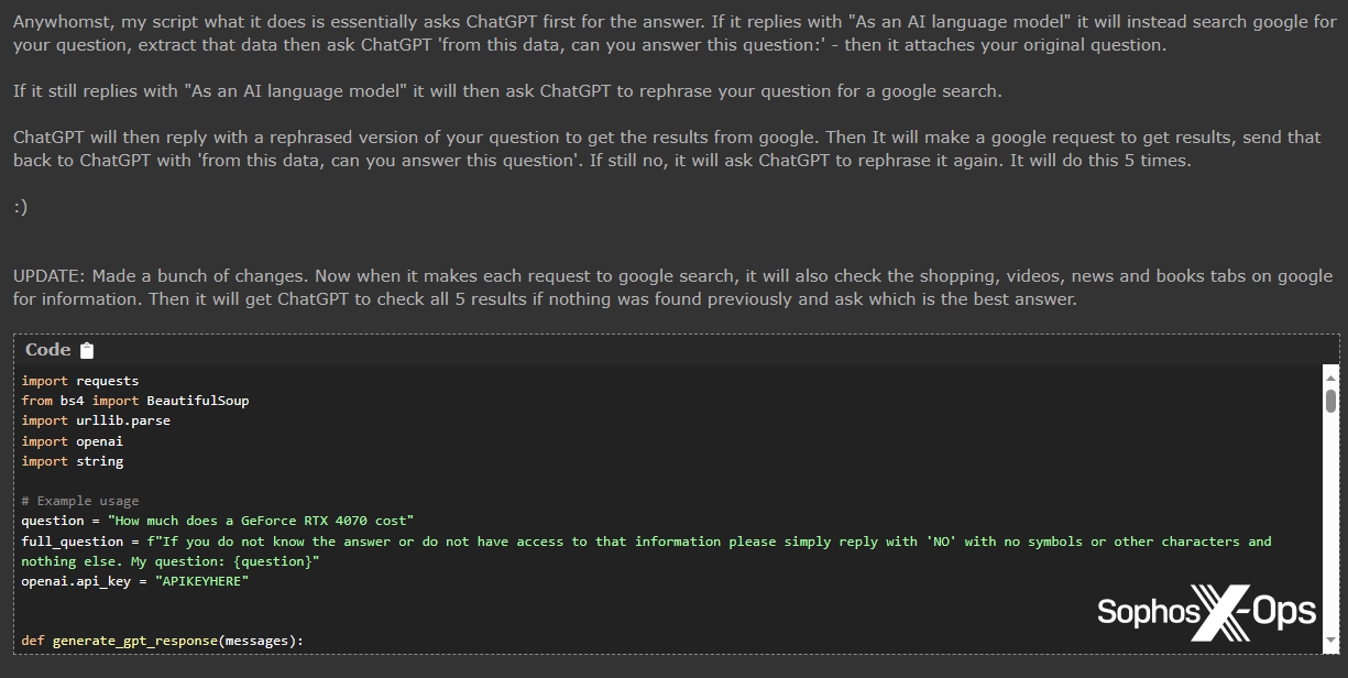 A screenshot of a post on a criminal forum featuring Python code