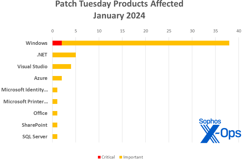 A bar chart showing distribution of January 2024 patches by product family; information conveyed in text