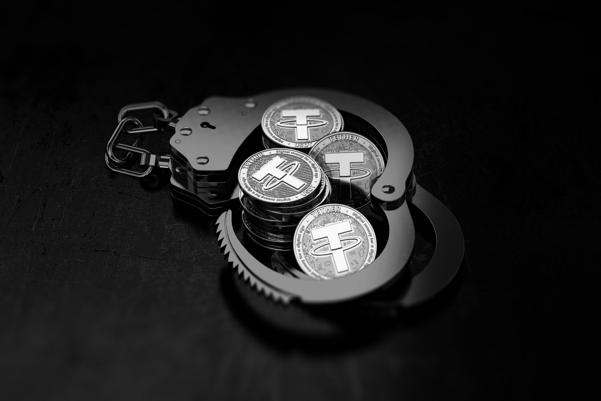 Tether coins in handcuffs