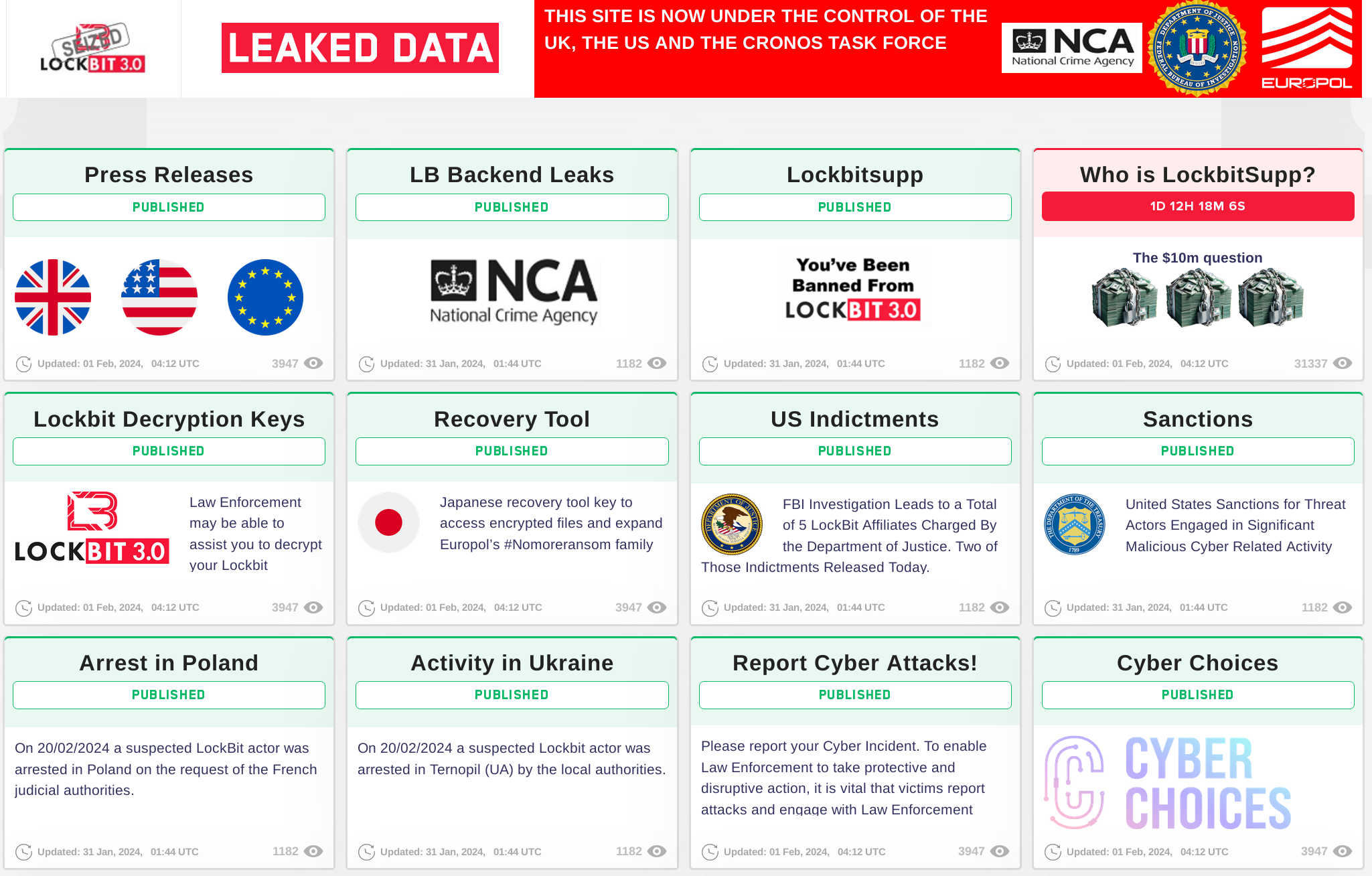 A screen capture from the LockBit takedown, showing various actions law enforcement has taken to quash the gang and indicating that more information will be released on 22 February 2024