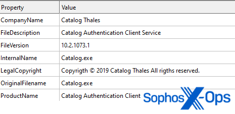 A table of file version information, with the CompanyName listed as "Catalog Thales"