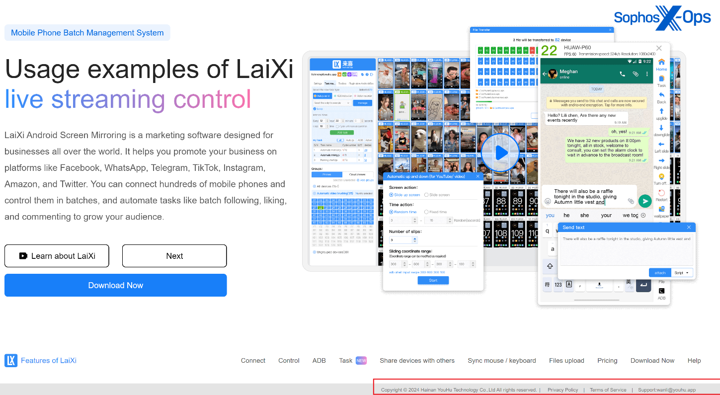 A screenshot of the LaiXi website. The company name is highlighted in a red box on the bottom-right