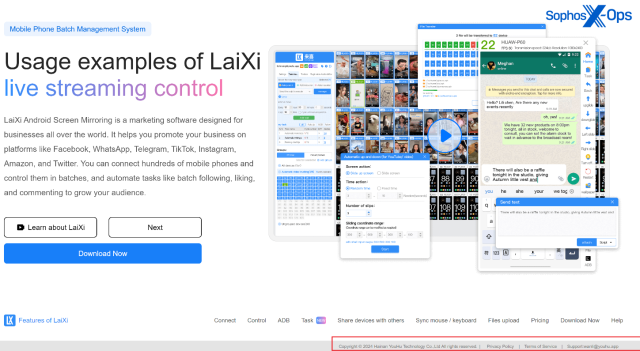 Captura de pantalla del sitio web de LaiXi. El nombre de la empresa aparece resaltado en un recuadro rojo en la parte inferior derecha.