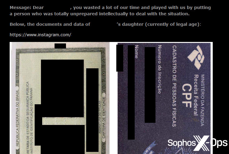 A screenshot from a ransomware leak site showing two identity cards (redacted)