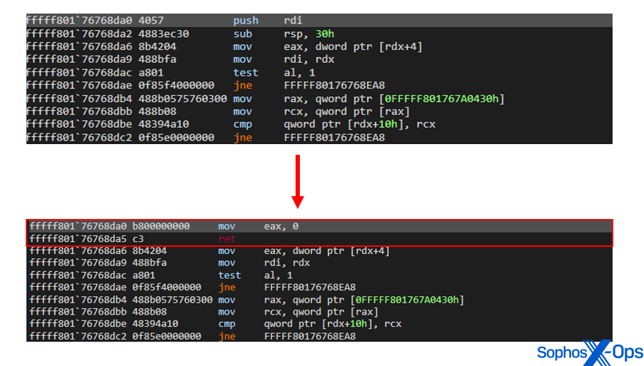 Comparison before and after prologue patching