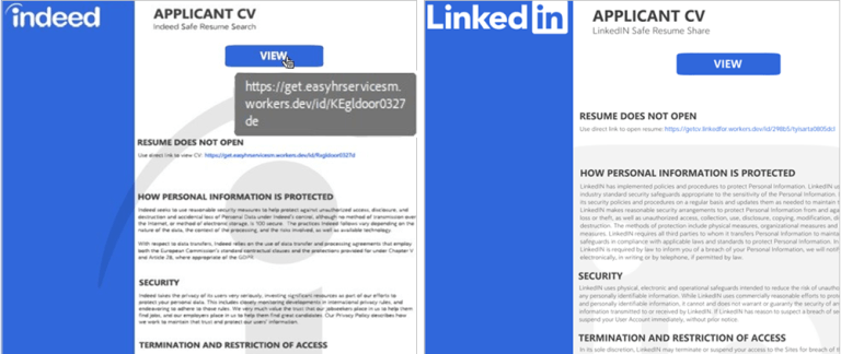 Fake Indeed (left) and LinkedIn (right) Safe Resume Share Service pages instructing the user to click on an external link to view the submitted resume.