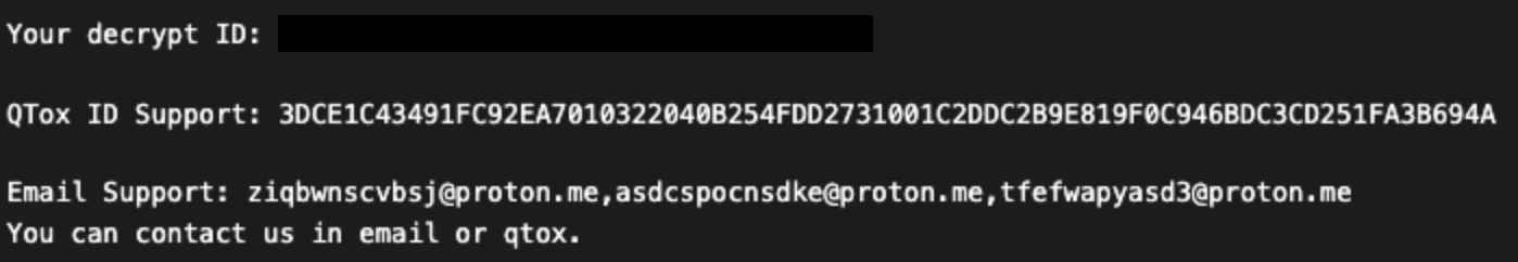 Screenshot of sample ransom note dropped on a system after Warlock ransomware was deployed displaying a qTox ID and email addresses to contact for support