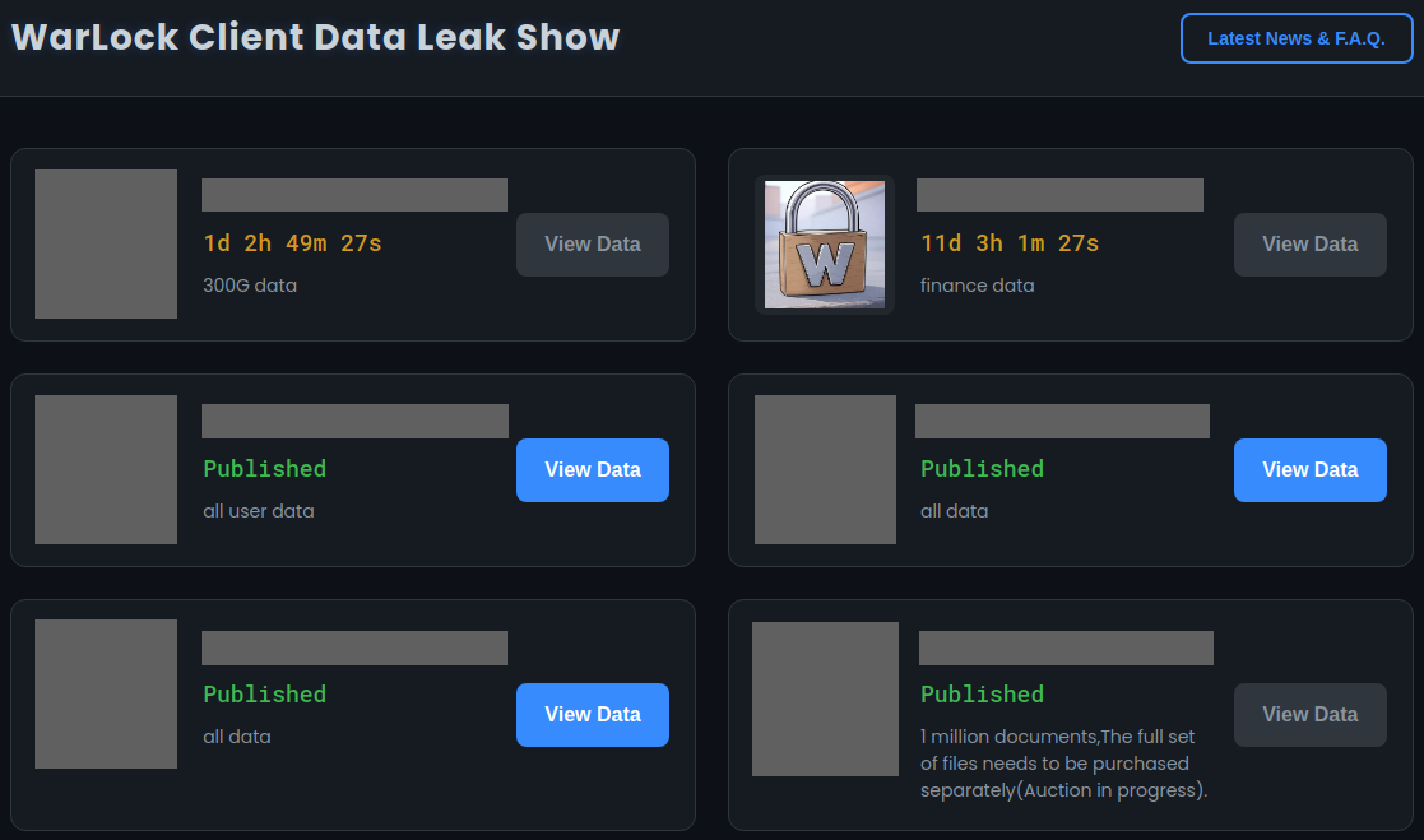 Screenshot of redacted victim list on Warlock leak site
